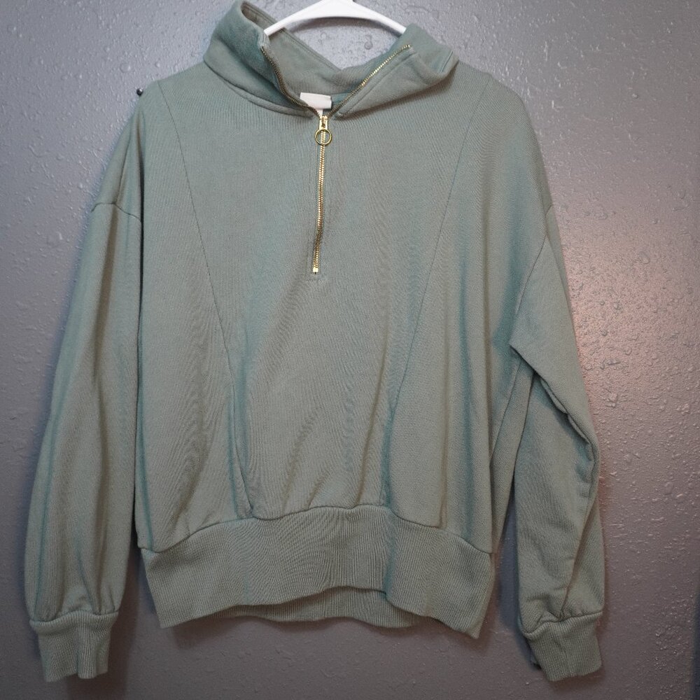 A New Day Women Green Quarter Zip Sweatshirt Solid Fleece Soft Size Large